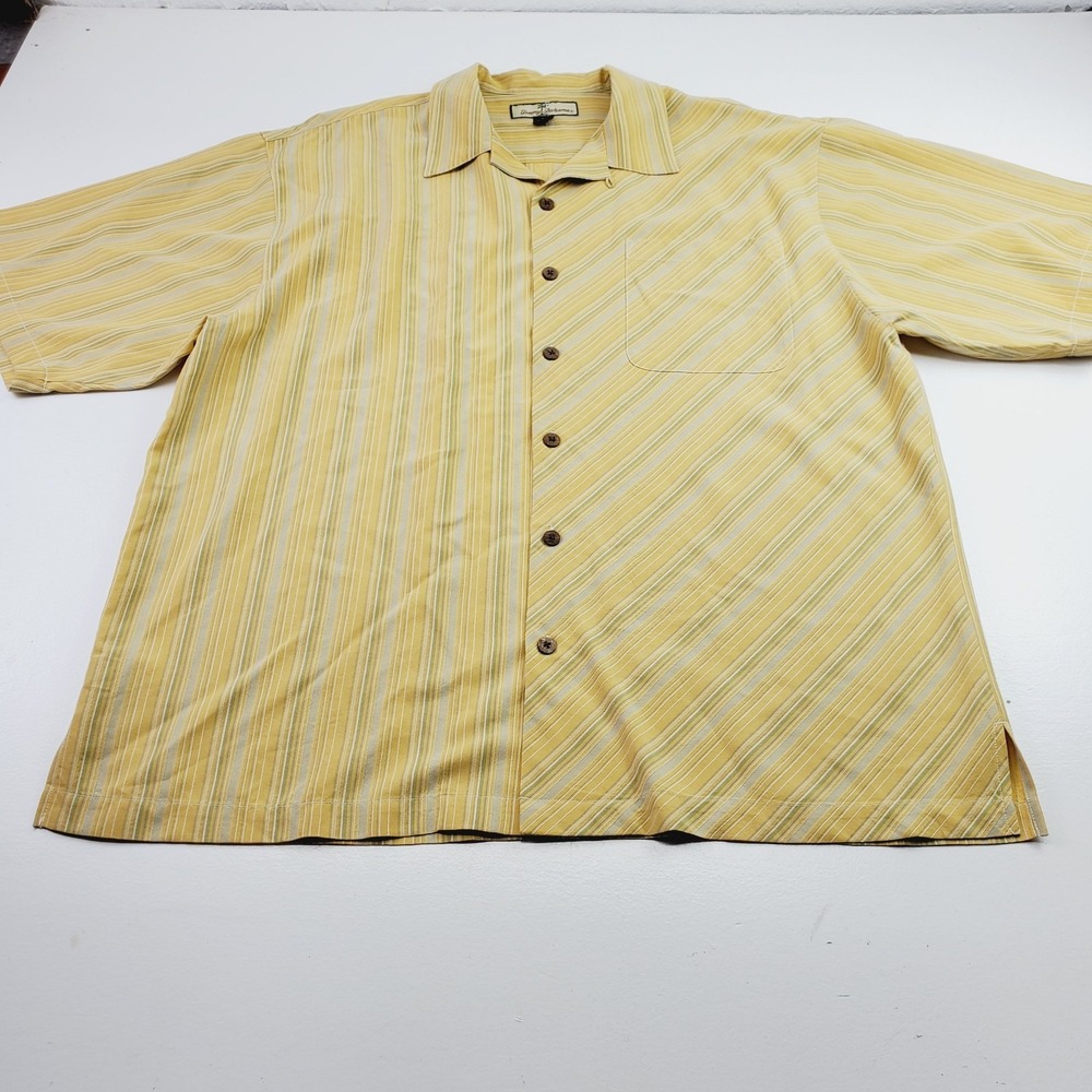 Tommy Bahama Silk Striped Camp Shirt Mens XL Yellow Tan Hawaiian Resort Relaxed